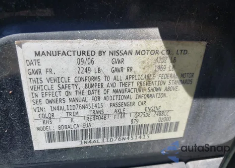 2006 Nissan Altima 2.5 S from USA, damaged, VIN 1N4AL11D76N451415
